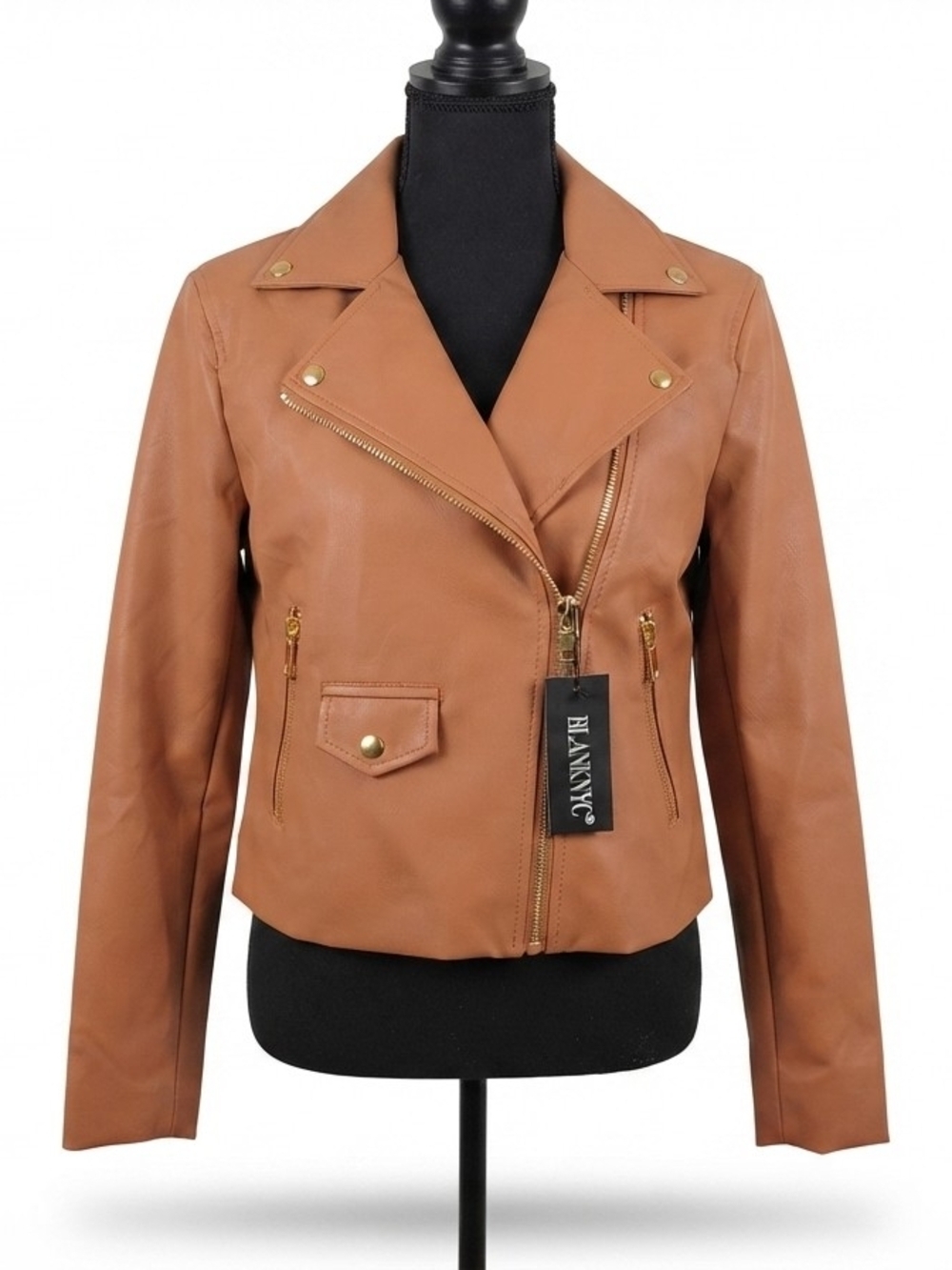 Blank NYC Cognac Faux Leather Moto Jacket with Gold Hardware